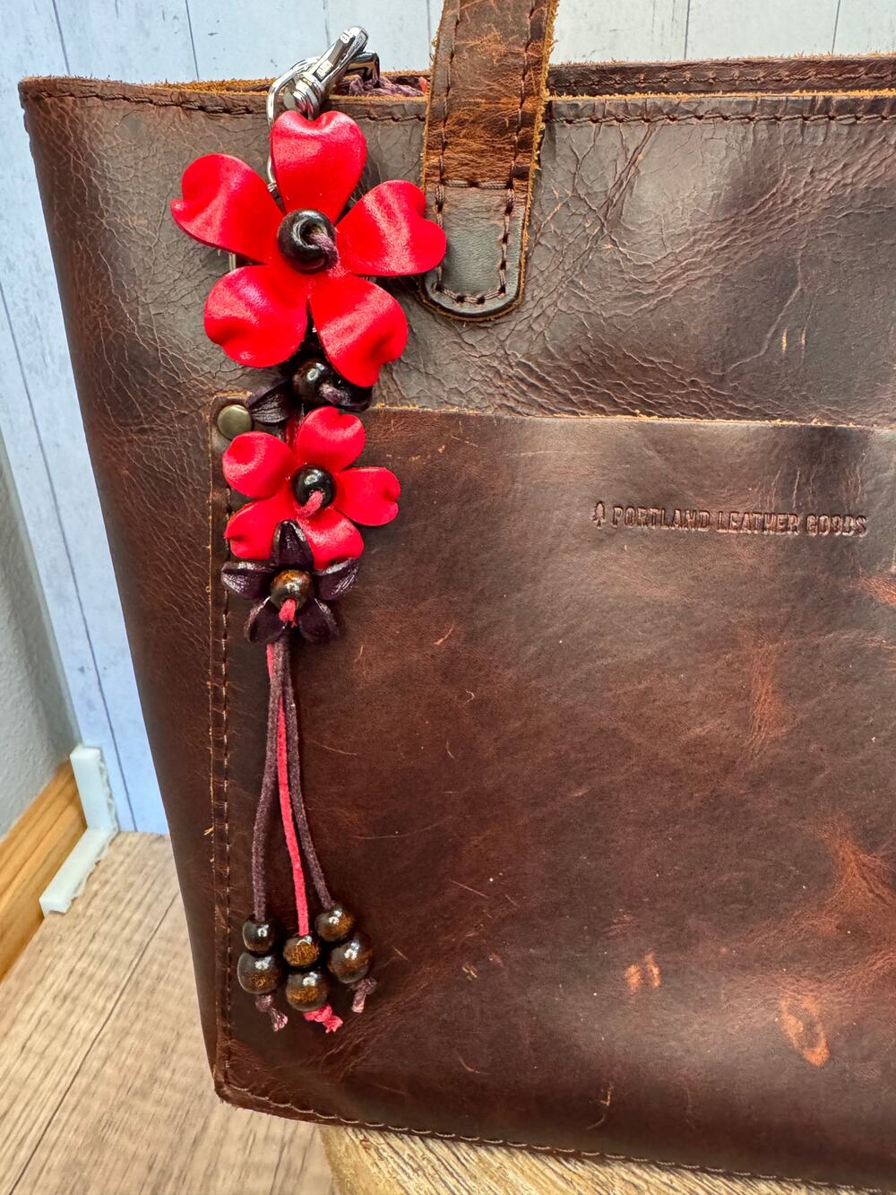 Plumeria Flower Bag Charm Genuine Leather Flower Bag Charm Red Flower Charm